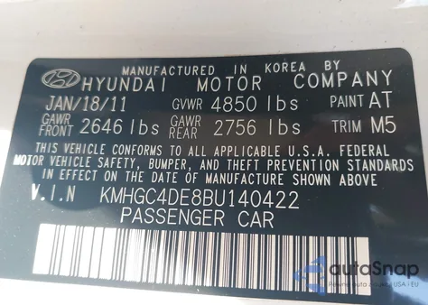 2011 Hyundai Genesis 3.8 z USA, uszkodzony, nr VIN KMHGC4DE8BU140422